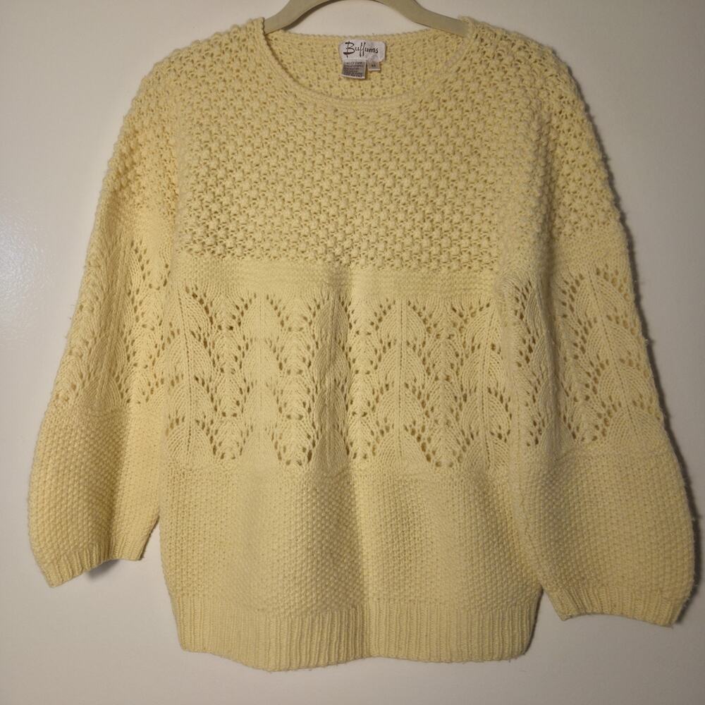 Buffums Handknit Sweater Lambswool Angora 3/4 Sleeve Butter Yellow Size M Vtg